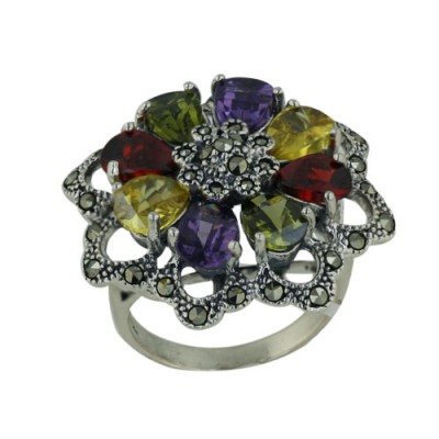 Marcasite Ring Flower 8 Multicolor Color Cubic Zirconia Petals and Mz Open