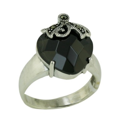 Marcasite Ring 14-14mm Black Cubic Zirconia Heart