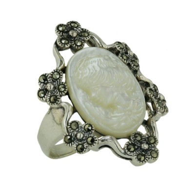 Marcasite Ring Ovalwhite Lady Cameo with 6 Marcasite Flower