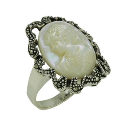 Marcasite Ring 21-30mm Oval Mother of Pearl Lady Cameo with Marcasite Ri
