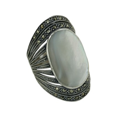 Marcasite Ring Wide Band with Oval Mother of Pearl