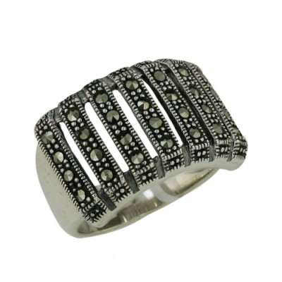 Marcasite Ring Wide Band Parallel Bars with Marcasite