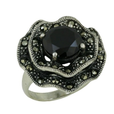 Marcasite Ring Round Shape Wavy Ribbon with Black Cubic Zirconia