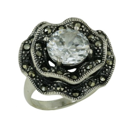 Marcasite Ring Round Shape Wavy Ribbon with Clear Cubic Zirconia
