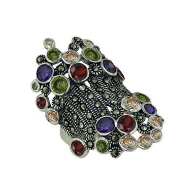 Marcasite Ring Lines with Mutli Color Cubic Zirconia at Ends