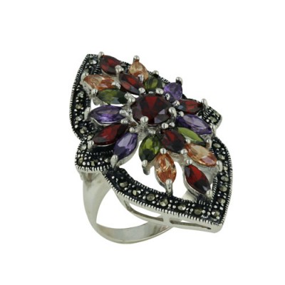 Marcasite Ring Marqui Mutli Color Cubic Zirconia with Marcasite Border Aroun
