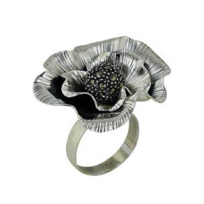 Marcasite Ring Flower with Round Marcasite Ball in Center