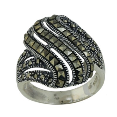 Marcasite Ring Pave with Horizontal Round Marcasite and Wavy Ver