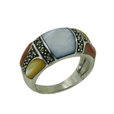Marcasite Ring with Square Mixed Color of Yellow/Pink/Blue Mother of Pearl