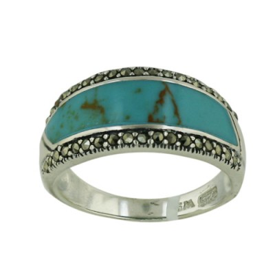 Marcasite Ring Band with Reconstituent Turquoise with Marcasite on The Sides