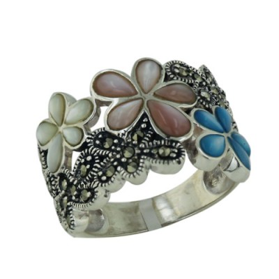 Marcasite Ring with Mix Color Mother of Pearl ( One Flower White,One F