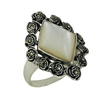 Marcasite Ring with Rhombus Mother of Pearl with Swirl Marcasite Border