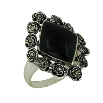 Marcasite Ring with Rhombus Onyx with Swirl Marcasite Border