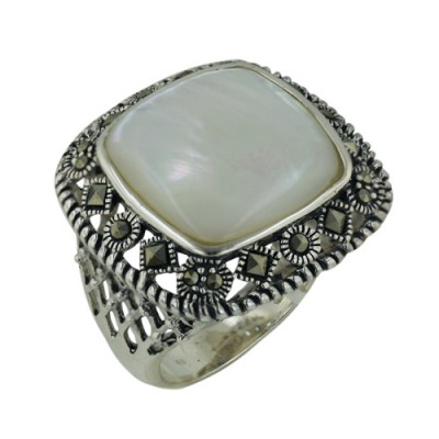 Marcasite Ring Cushion with Mother of Pearl Center with Marcasite Border