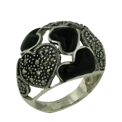 Marcasite Dome Ring with Heart Onyx and Heart Marcasite