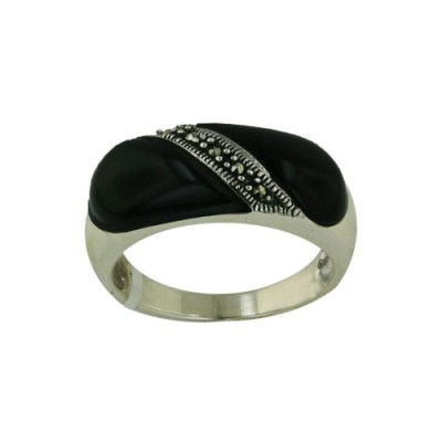 Marcasite Ring with Onyx with Diagnol Marcasite Cutting Cross Ce