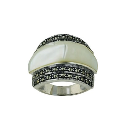 Marcasite Ring with Mother of Pearl and 2 Rows Marcasite Border