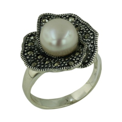 Marcasite Ring Round Fresh Water Pearl Center