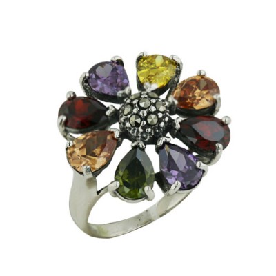 Marcasite Ring 8 Petals Flower Multicolor Color Cubic Zirconia-2M-2133Mc&