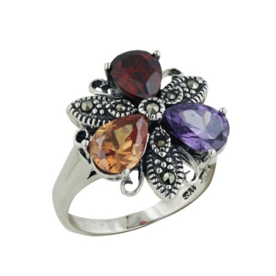 Marcasite Ring 3 Tear Drop Multicolor Color Cubic Zirconia+3 Tear Drop Marcasite-2M-21