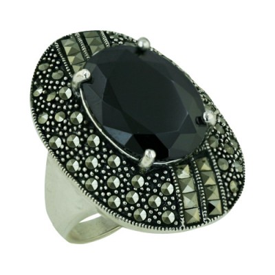 Marcasite Ring Oval Wide Band with Black Cubic Zirconia