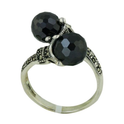Marcasite Ring Marcasite Flower with Faceted Black Cubic Zirconia Ball