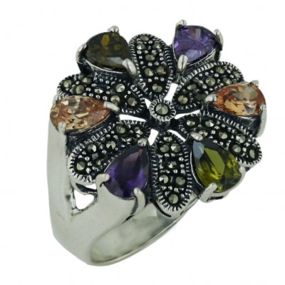 Marcasite Ring 6 Petals Flower with Mixed Color Cubic Zirconia Garnet +Olivine+Champagne+