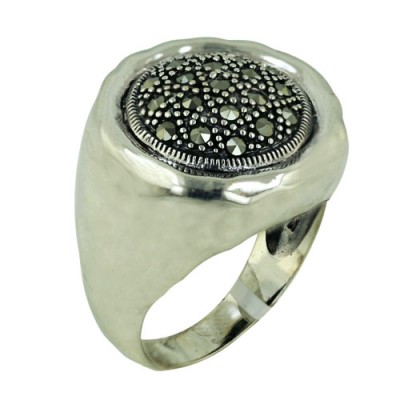 Marcasite Ring Round with Marcasite in Center and Hammered Bezel A