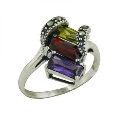 Marcasite Ring 3 Rec. Multicolor Color Cubic Zirconia with Open Wavy Marcasite Line-