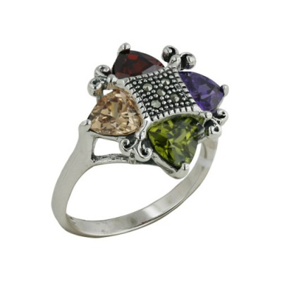 Marcasite Ring 4 Triangular Multicolor Color Cubic Zirconia -2M-2155Mc &