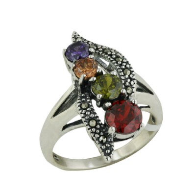 Marcasite Ring Double Wavy Marcasite Lines with 4 Multicolor Color Cubic Zirconia-2