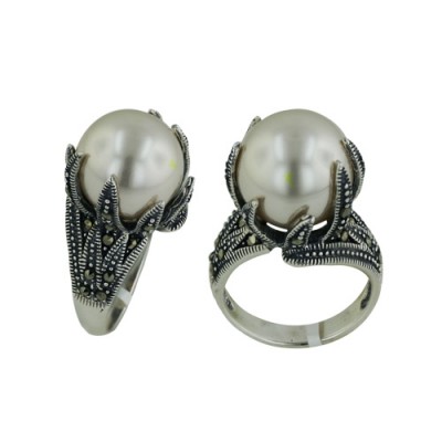 Marcasite Ring 14mm Faux Pearl with Marcasite Claws Around