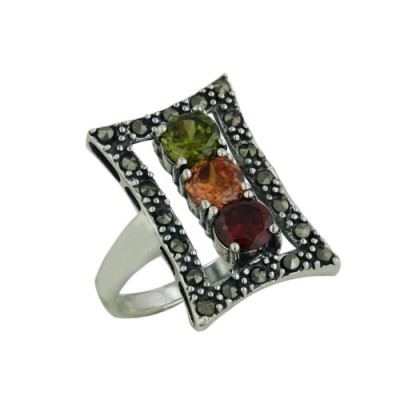 Marcasite Ring Open Rectangular with Garnet +Champagne+Olivine 5mm Round Cubic Zirconia