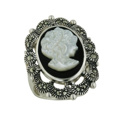 Marcasite Ring 22-30mm Oval White Mother of Pearl Lady Cameo with Onyx B