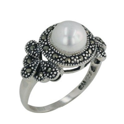 Marcasite Ring 8mm Shell Pearl Arrounded Marcasite Pave Floral P