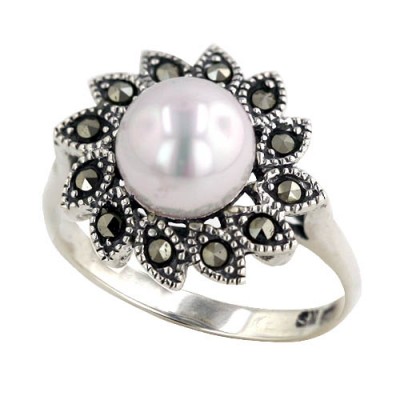 Marcasite Ring 8mm Shell Pearl Marcasite Marquis Around