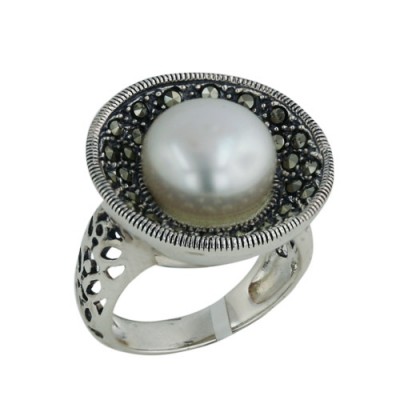 Marcasite Ring 12mm Fresh Water Pearl Ctr Marcasite Bowl Filgree each Band Sid