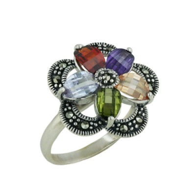 Marcasite Ring Garnet, A,Champagne,Olivine,Lv Cubic Zirconia Bezel Flower Ctr Marcasite Petals
