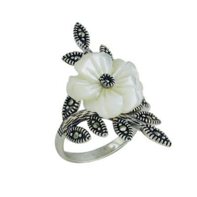 Marcasite Ring 15mm Mother of Pearl Flower Marcasite Leaves Branches