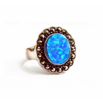 Marcasite Sterling Silver Ring Oval Blue Synthetic