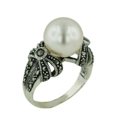 Marcasite Ring 12mm Pearl Center Marcasite Bow on Side