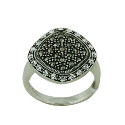 Marcasite Ring Diamond Shape Center with 1.5mm Clear Cubic Zirconia Surro