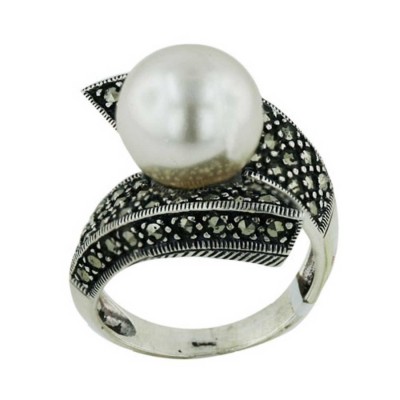 Marcasite Ring 12mm Pearl in Center of Bypass