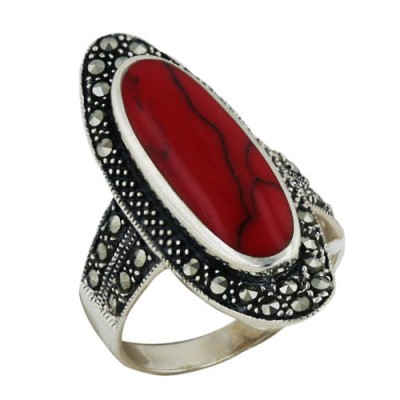 Marcasite Ring 8X21.5mm Red Coral Oval Marcasite on S