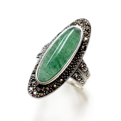Marcasite Ring 8X21.5mm Cabochon Green Aventurine Oval