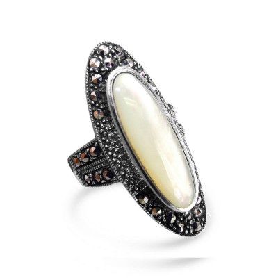 Marcasite Ring 8X21.5mm Mother of Pearl Oval Marcasite on Side