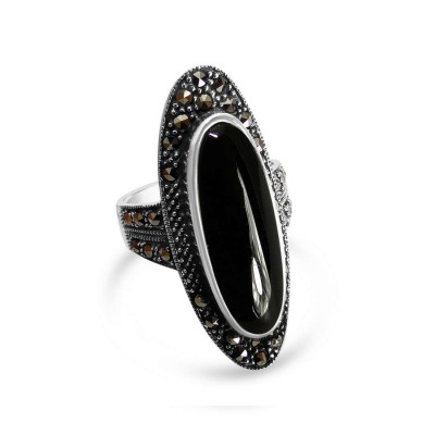 Marcasite Ring 8X21.5mm Onyx Oval Marcasite on Side