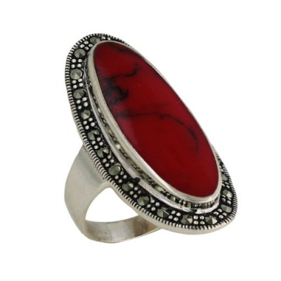 Marcasite Ring 11X28mm Oval Red Cornelian Center Marcas