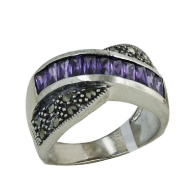 Marcasite Ring Amethyst Cubic Zirconia and Marcasite Cross Design