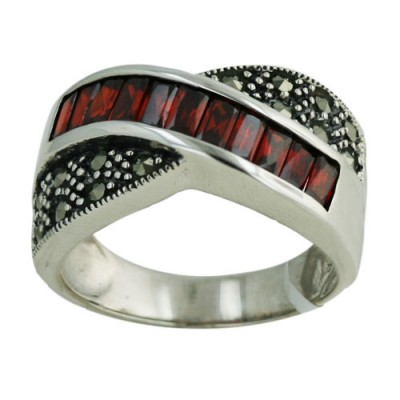 Marcasite Ring Garnet Cubic Zirconia and Marcasite Cross Design
